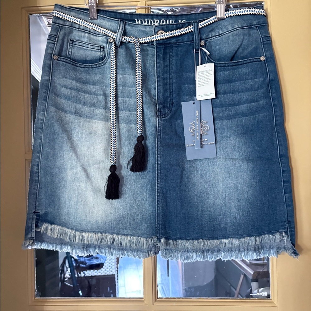 Hydraulic Blue Denim Mini Skirt with Tassel Belt